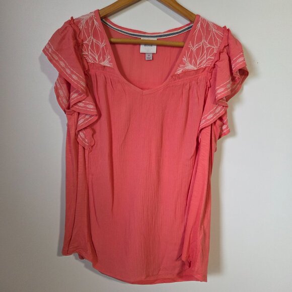 EUC KNOX ROSE CORAL PINK EMBROIDERED BOHO FLUTTER SLEEVES TOP SIZE MEDIUM - Picture 1 of 13